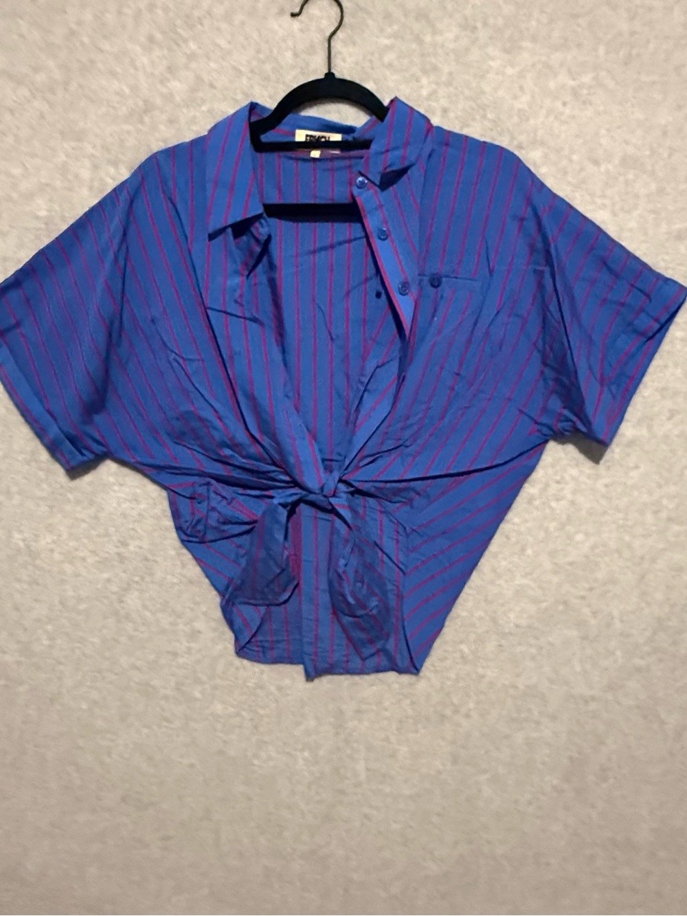 FRNCH Blue Button-Front Tie Shirt with Pink Stripes